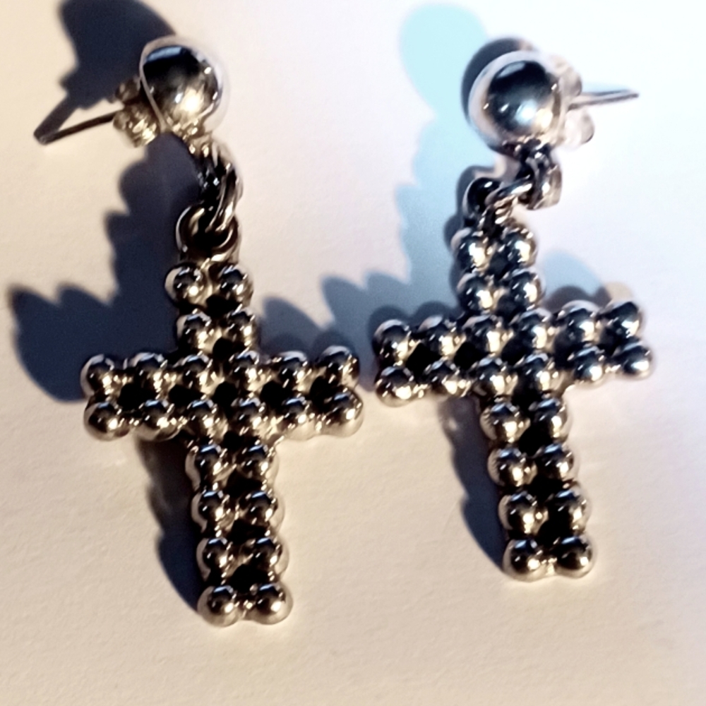 Vintage Taxco TJ Mexico Large Sterling Silver Beaded Cross Earrings